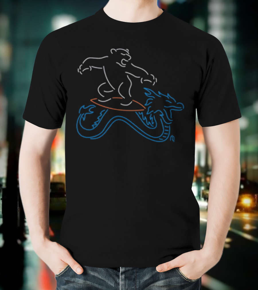 Neon Surfing Polar Bear Riding Dragon Waves T-Shirt