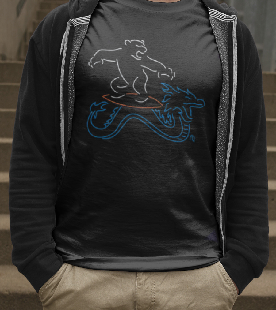 Neon Surfing Polar Bear Riding Dragon Waves T-Shirt
