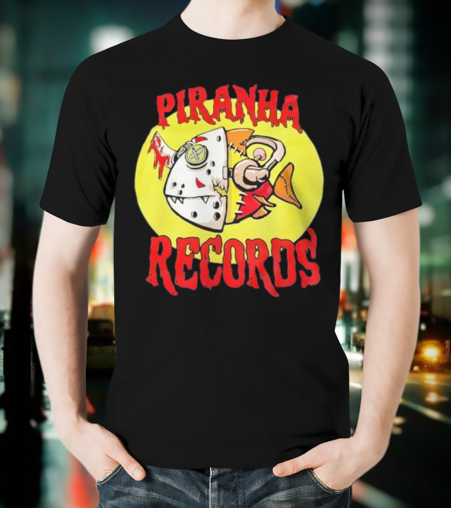 Piranha Records Cartoon Fish Bite Graphic T-Shirt