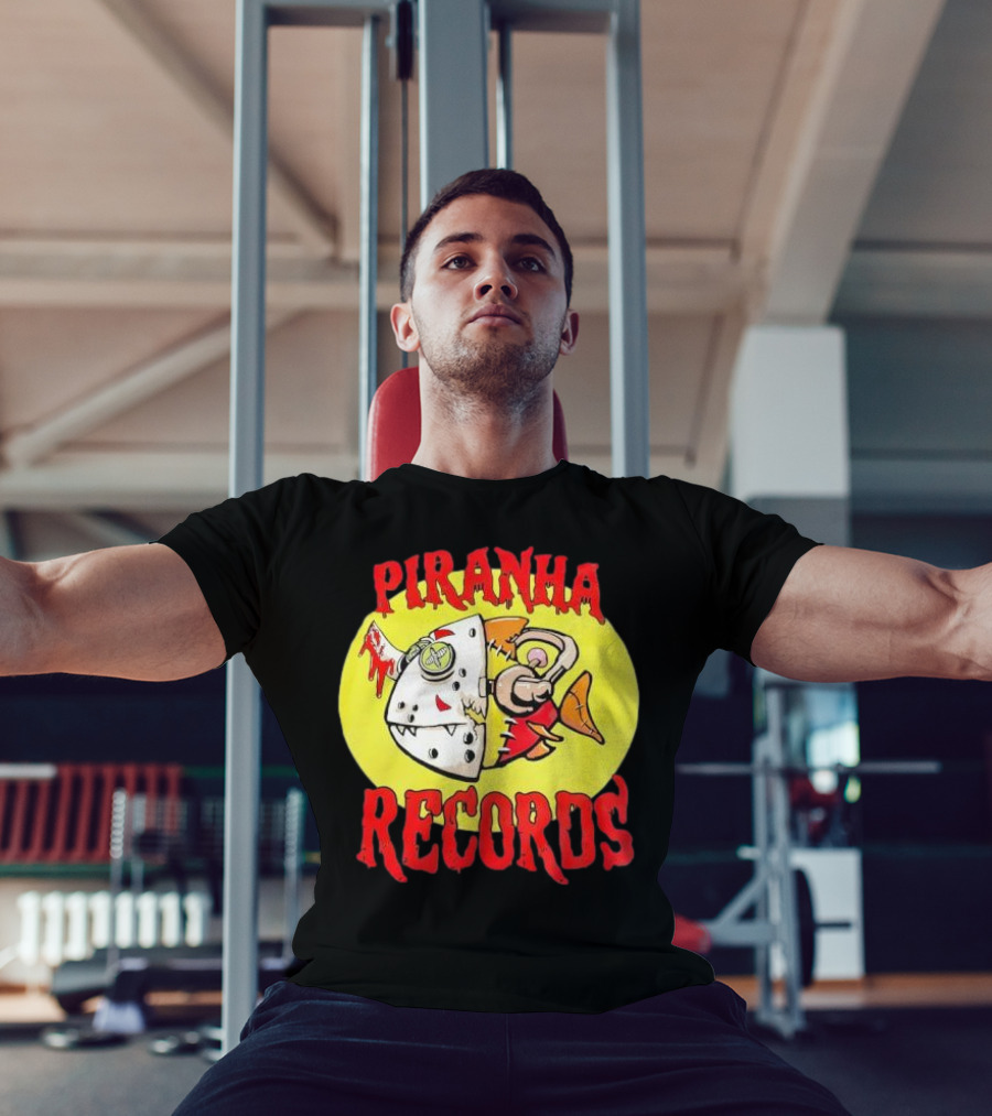 Piranha Records Cartoon Fish Bite Graphic T-Shirt