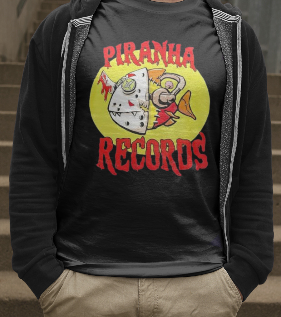 Piranha Records Cartoon Fish Bite Graphic T-Shirt