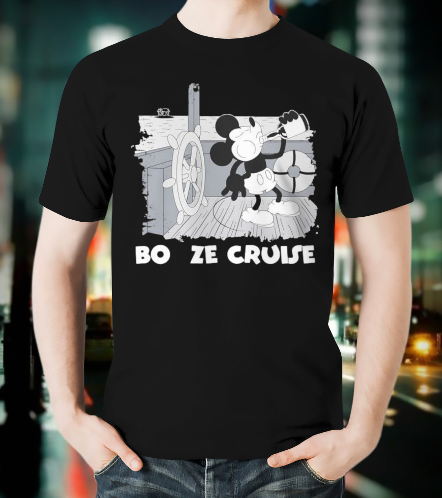 Booze Cruise Cartoon Character With On Vintage Sailing Scene T-Shirt