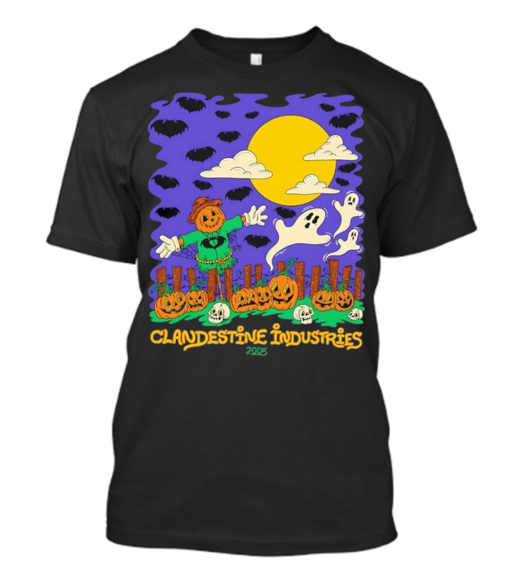 Clandestine Industries 2005 Halloween Scarecrow Ghosts Pumpkins Bats T-Shirt