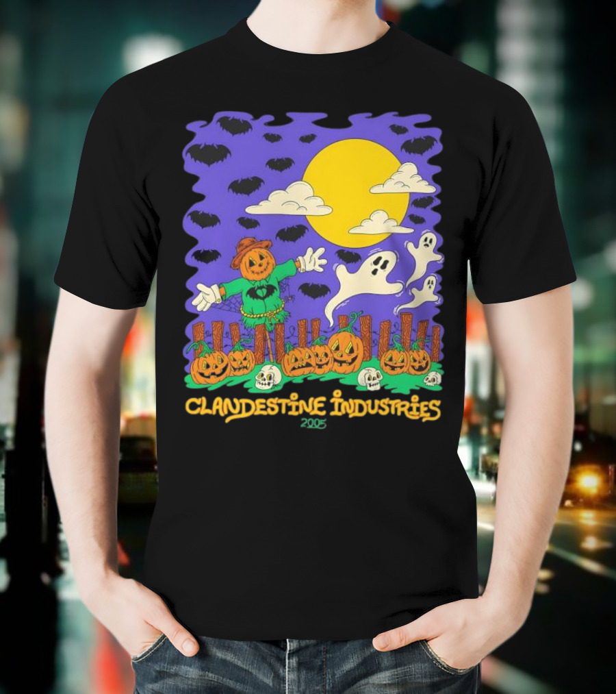 Clandestine Industries 2005 Halloween Scarecrow Ghosts Pumpkins Bats T-Shirt