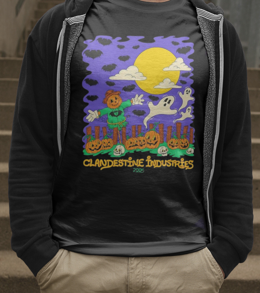 Clandestine Industries 2005 Halloween Scarecrow Ghosts Pumpkins Bats T-Shirt