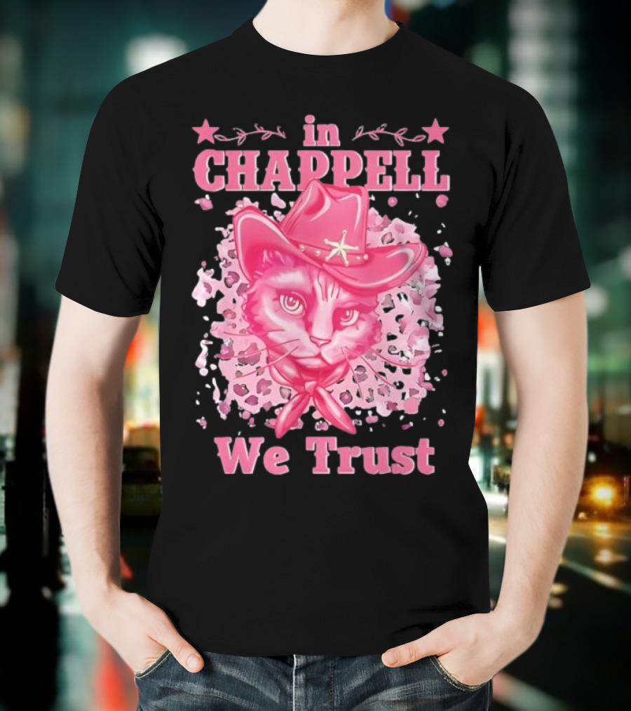 Cute Retro Cat In Chappell We Trust Cowboy Hat Pink Stars T-Shirt