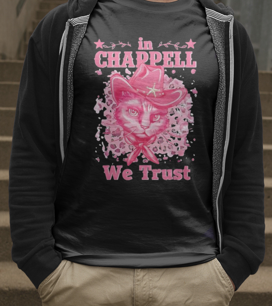 Cute Retro Cat In Chappell We Trust Cowboy Hat Pink Stars T-Shirt