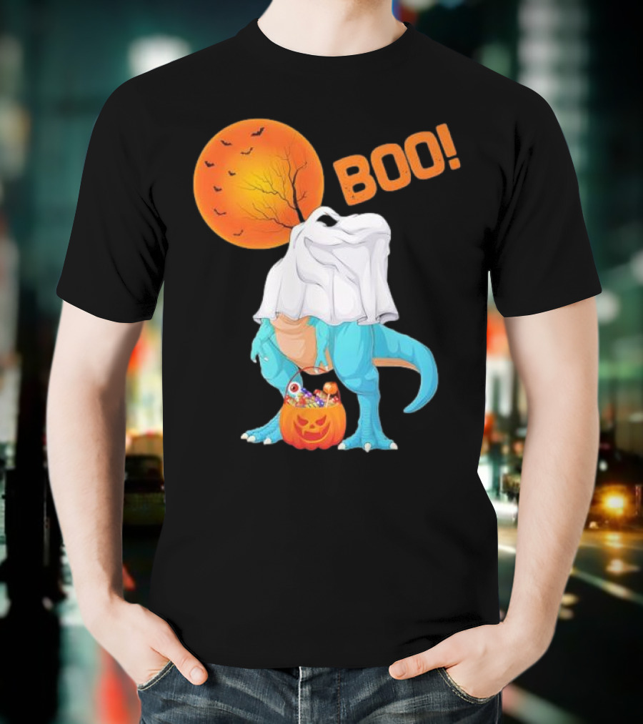 Ghost Dinosaur Rex Boo Halloween Pumpkin Boys Men T-Shirt