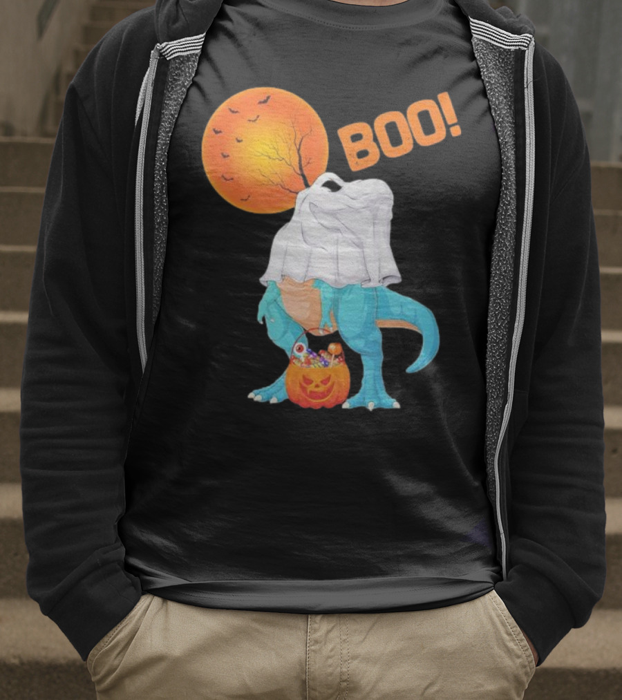 Ghost Dinosaur Rex Boo Halloween Pumpkin Boys Men T-Shirt
