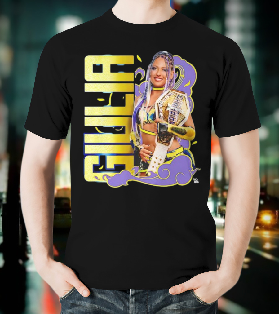 Giulia Smoke Champion Wrestling Character With Belt And Yellow Purple Accents T-Shirt