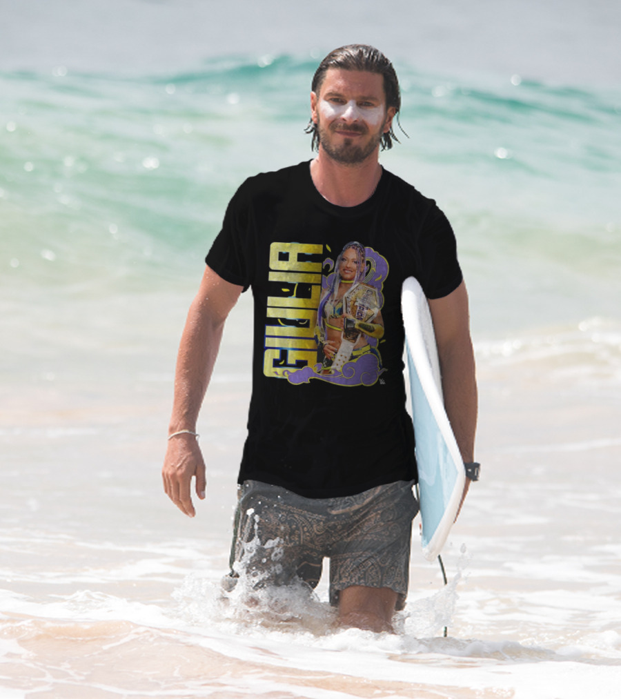 Giulia Smoke Champion Wrestling Character With Belt And Yellow Purple Accents T-Shirt