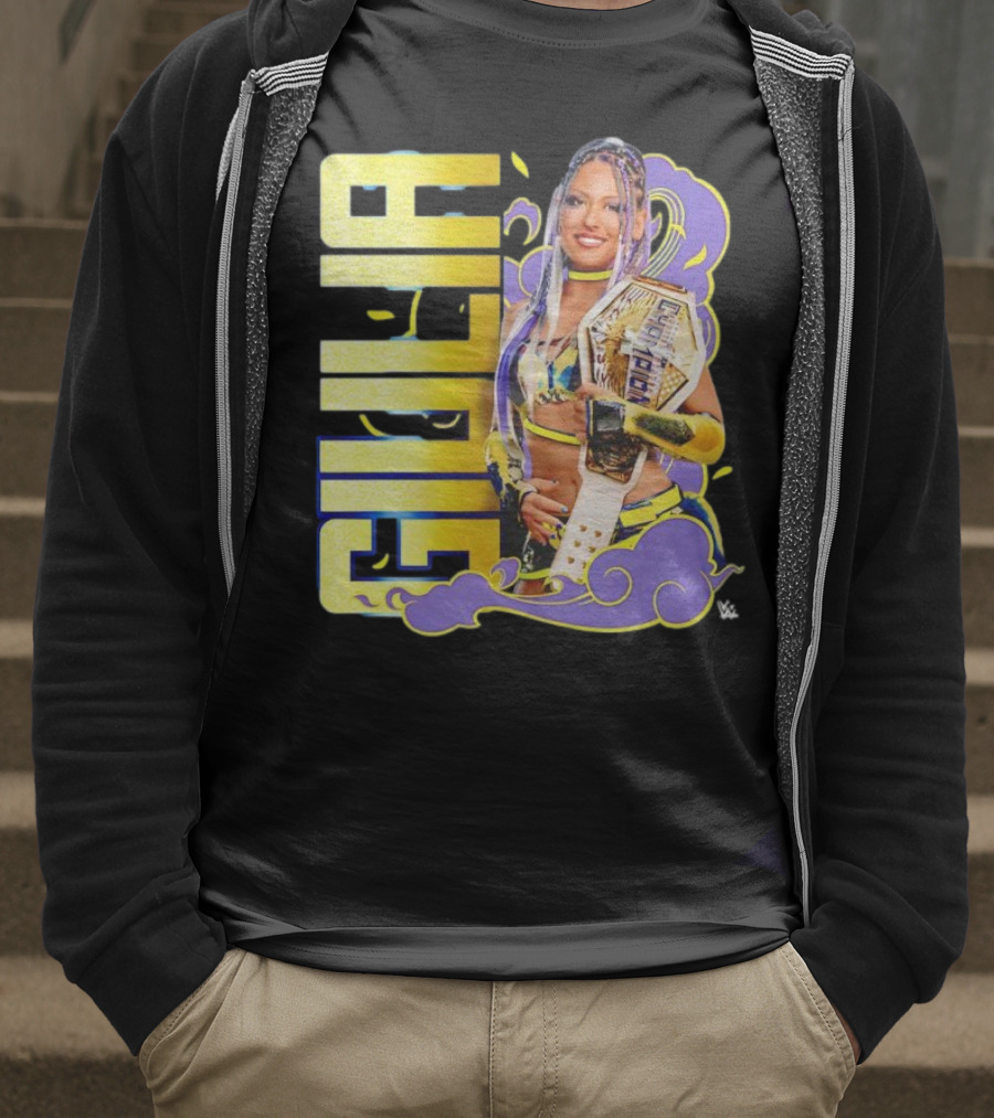 Giulia Smoke Champion Wrestling Character With Belt And Yellow Purple Accents T-Shirt