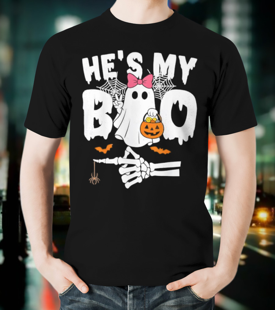 He’s My Boo Pink Bow Ghost With Pumpkin Candy Basket And Skeleton Hand Halloween T-Shirt