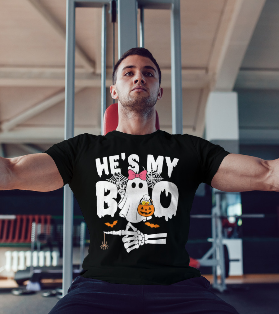 He’s My Boo Pink Bow Ghost With Pumpkin Candy Basket And Skeleton Hand Halloween T-Shirt