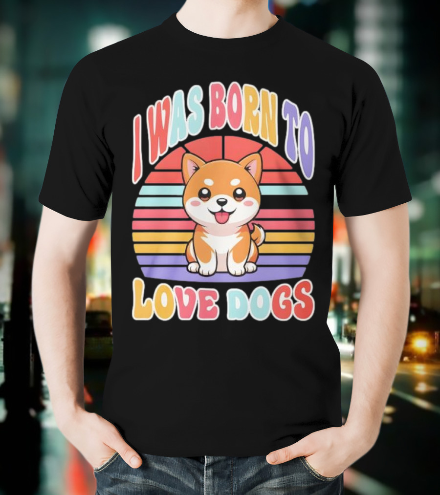 I Was Born To Love Dogs Cute Cartoon Shiba Inu Rainbow Colors T-Shirt