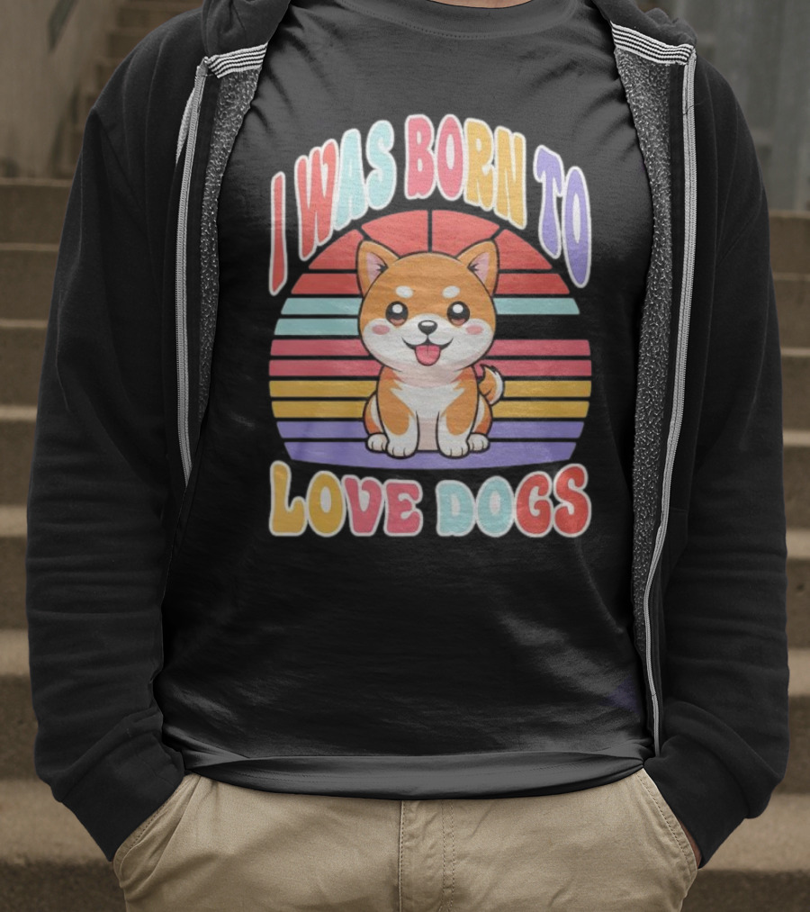I Was Born To Love Dogs Cute Cartoon Shiba Inu Rainbow Colors T-Shirt