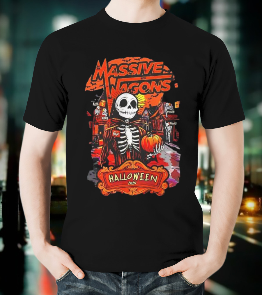 Massive Wagons Halloween 2023 Skeleton Pumpkin Spooky Street Scene T-Shirt