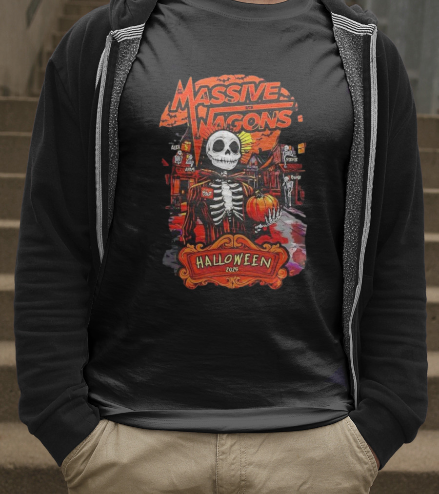Massive Wagons Halloween 2023 Skeleton Pumpkin Spooky Street Scene T-Shirt