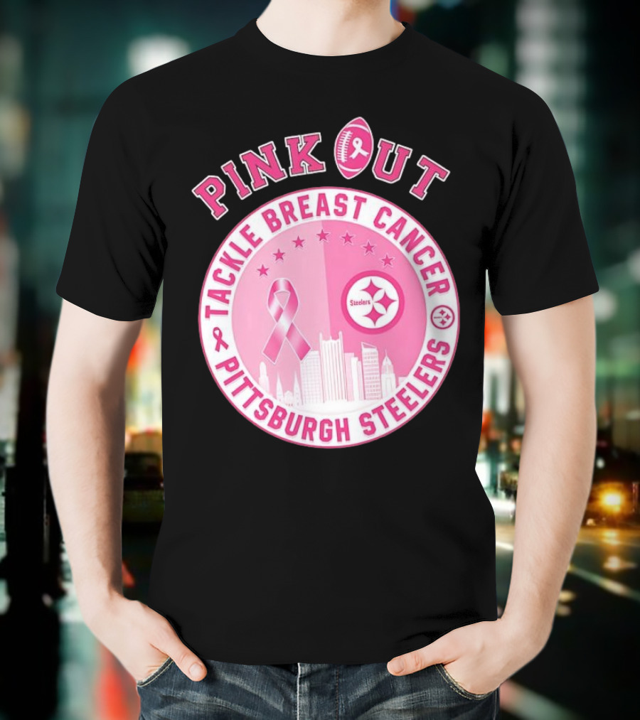 Pink Out Tackle Breast Cancer Pittsburgh Steelers Ribbon Awareness T-Shirt