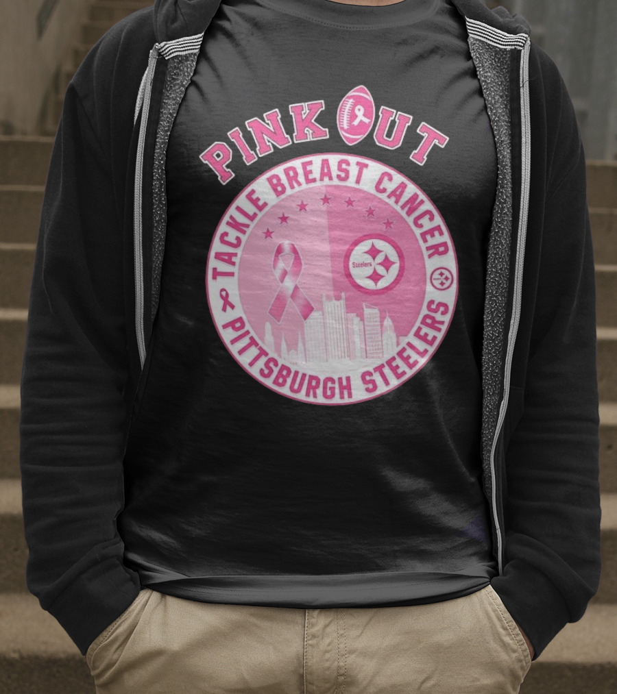 Pink Out Tackle Breast Cancer Pittsburgh Steelers Ribbon Awareness T-Shirt