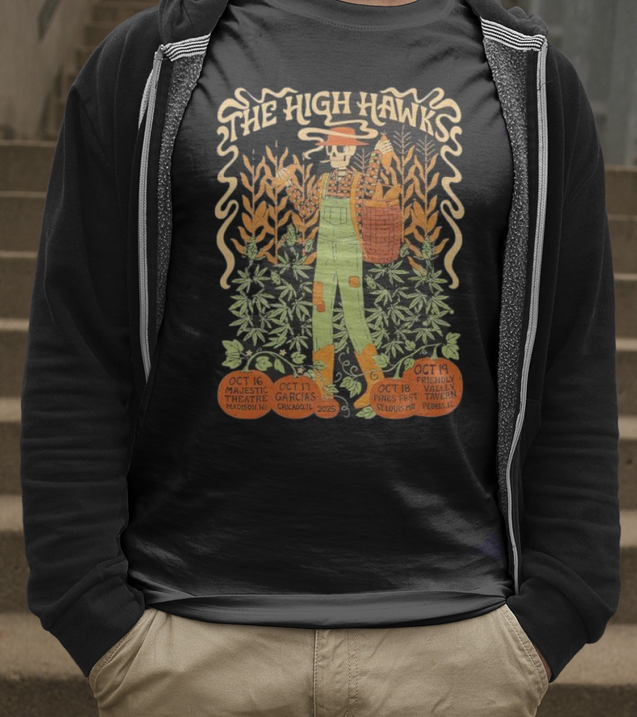 The High Hawks Halloween 2025 Tour Majestic Theatre Garcia's Pines Fest Friendly Valley Tavern T-Shirt