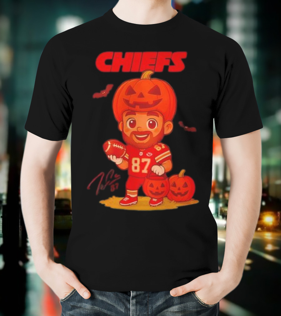 Travis Kelce Kansas City Chiefs Halloween 2025 Pumpkin Football Player Costume 87 T-Shirt