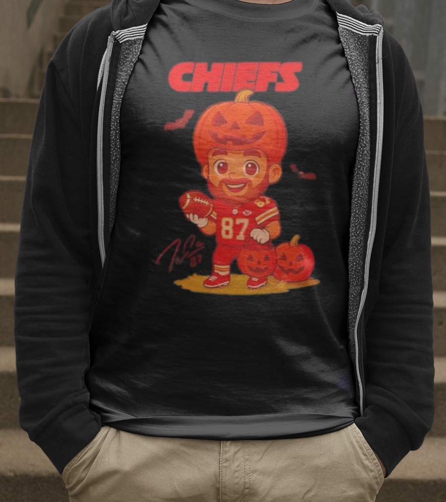 Travis Kelce Kansas City Chiefs Halloween 2025 Pumpkin Football Player Costume 87 T-Shirt
