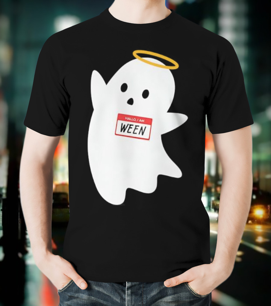 Hallo I Am Ween Ghost With Halo And Happy Halloween Name Tag T-Shirt