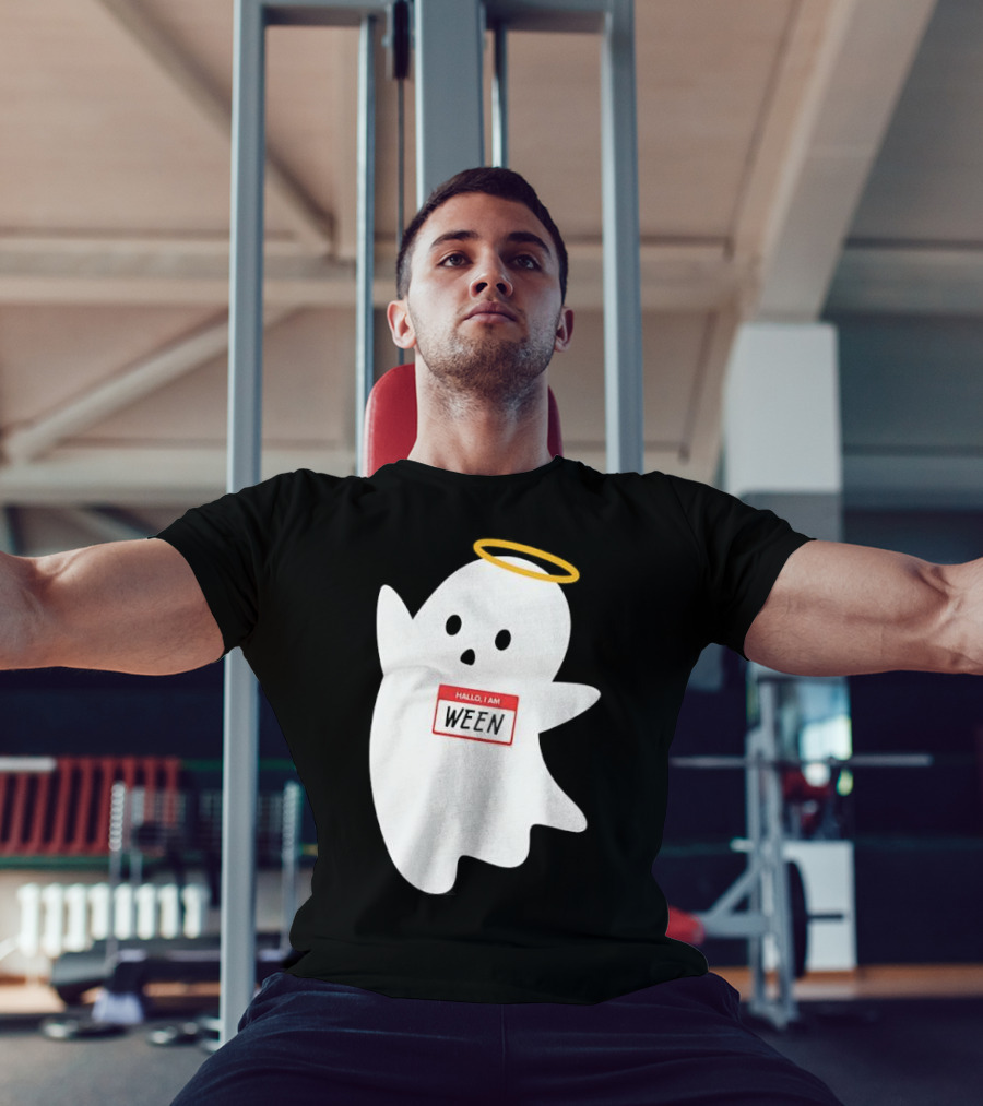Hallo I Am Ween Ghost With Halo And Happy Halloween Name Tag T-Shirt