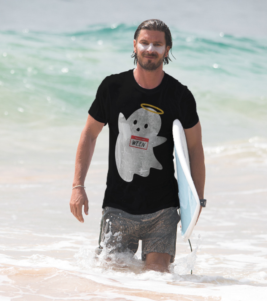 Hallo I Am Ween Ghost With Halo And Happy Halloween Name Tag T-Shirt