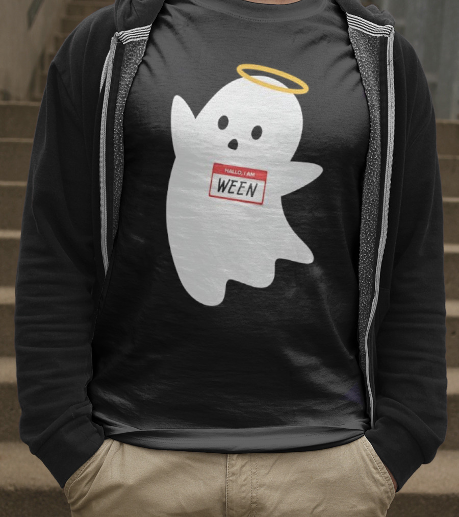 Hallo I Am Ween Ghost With Halo And Happy Halloween Name Tag T-Shirt