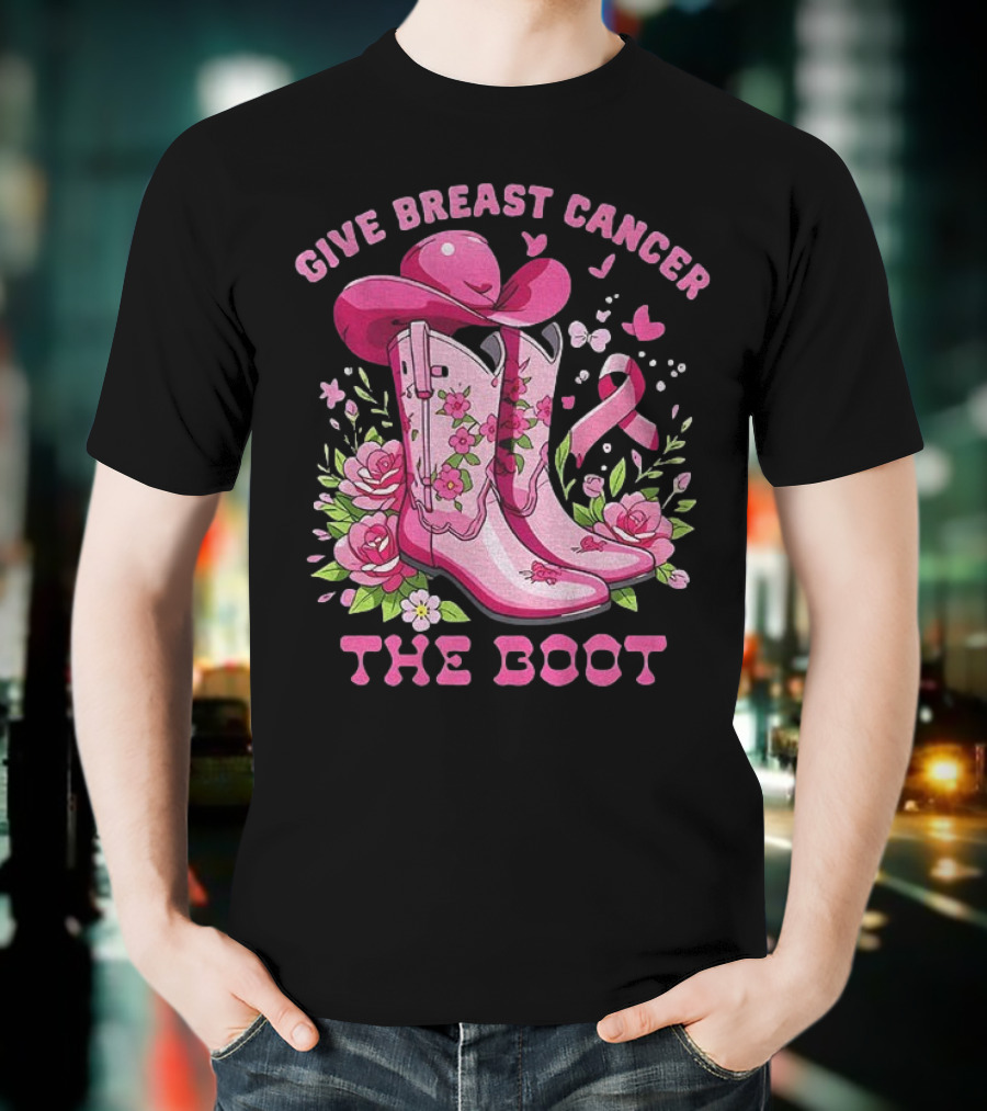 Vintage Pink Cowboy Boots Floral Breast Cancer Awareness T-Shirt