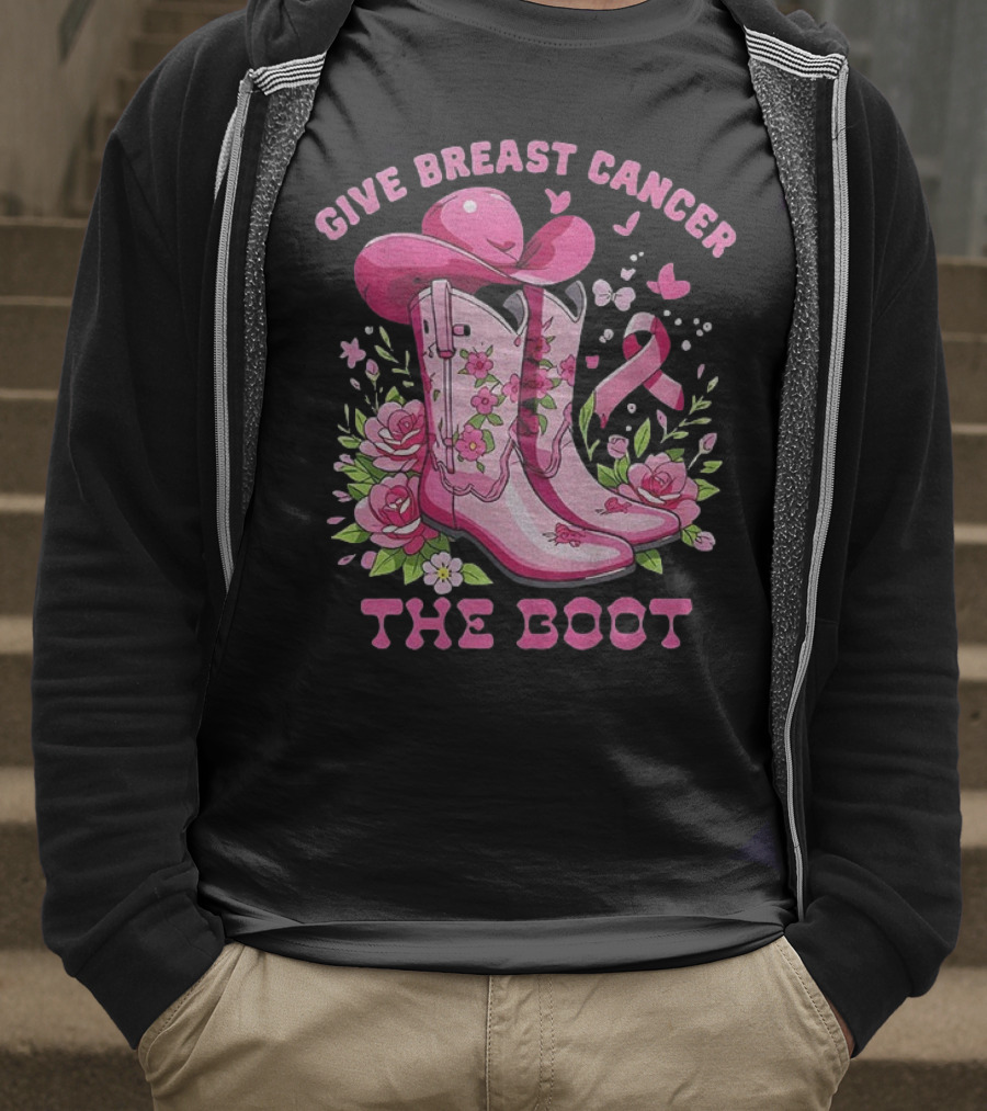 Vintage Pink Cowboy Boots Floral Breast Cancer Awareness T-Shirt