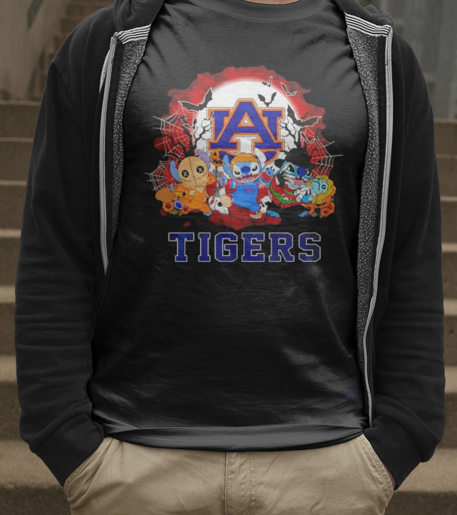 Lilo & Stitch Auburn Tigers Halloween Costumes With Spider Webs And Bats T-Shirt