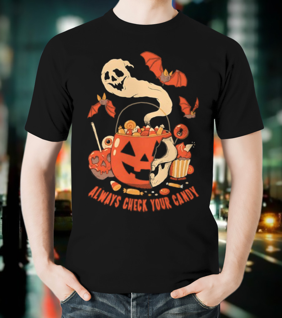 Halloween Always Check Your Candy Spooky Jack-O'-Lantern Ghost Bats And Sweets T-Shirt