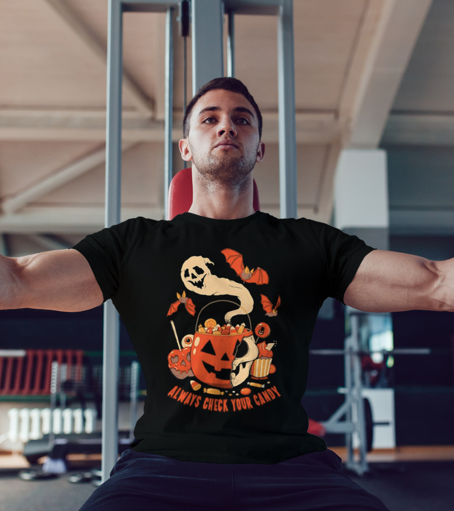 Halloween Always Check Your Candy Spooky Jack-O'-Lantern Ghost Bats And Sweets T-Shirt