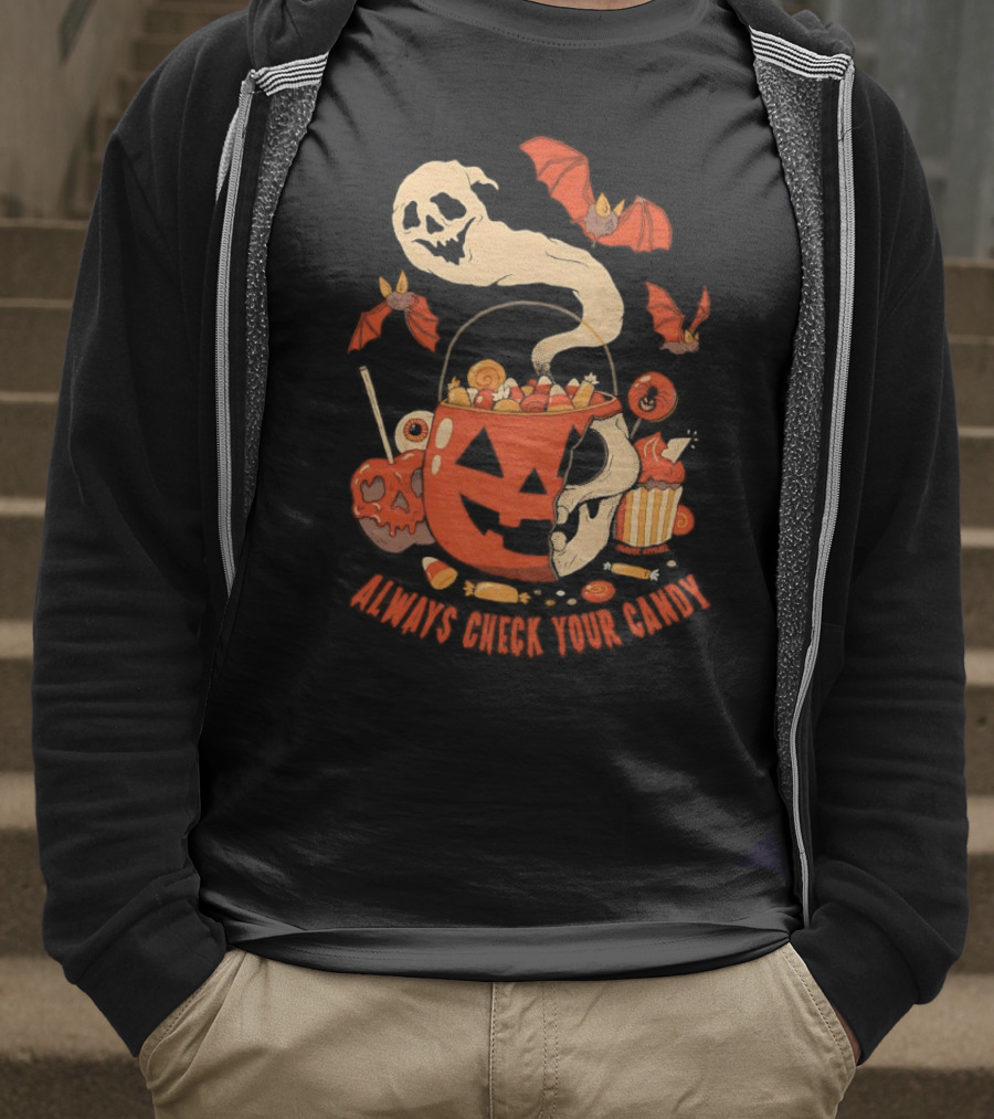 Halloween Always Check Your Candy Spooky Jack-O'-Lantern Ghost Bats And Sweets T-Shirt