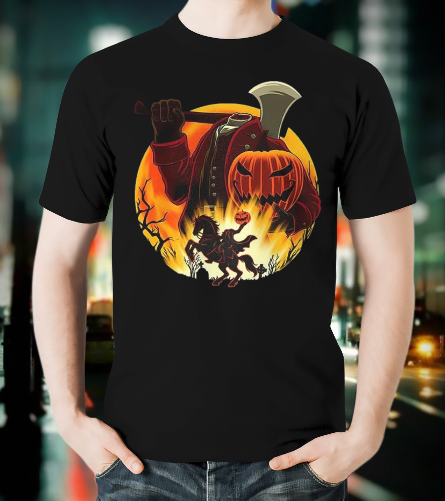 Headless Horseman Galloping Hessian Pumpkin Halloween Axe Rider T-Shirt