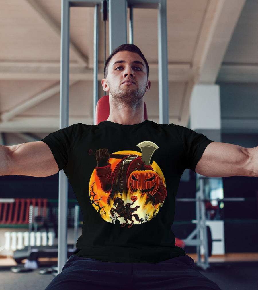 Headless Horseman Galloping Hessian Pumpkin Halloween Axe Rider T-Shirt