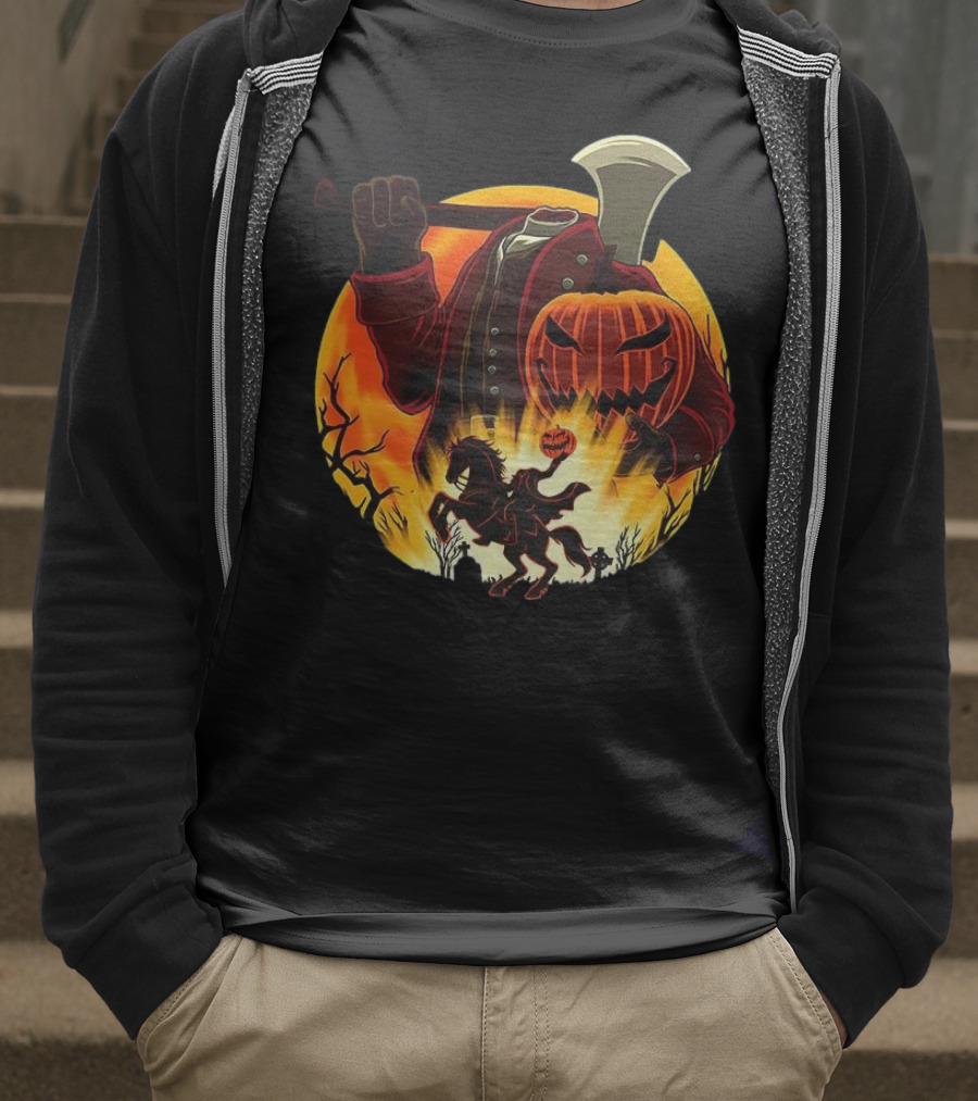 Headless Horseman Galloping Hessian Pumpkin Halloween Axe Rider T-Shirt