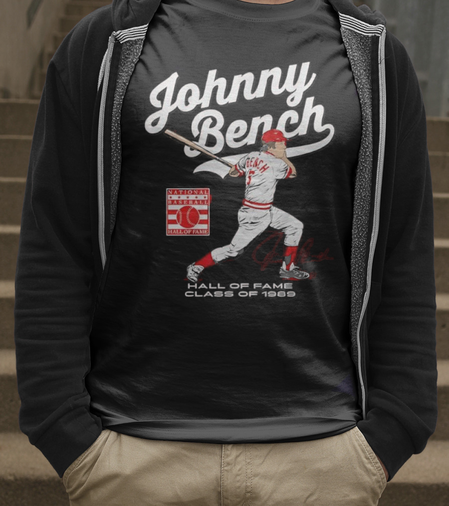 Johnny Bench National Baseball Hall Of Fame Class Of 1989 Signature T-Shirt