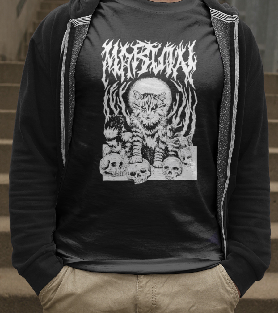 Metal Marvin Skull Cat By Beefaroni Flame Design T-Shirt