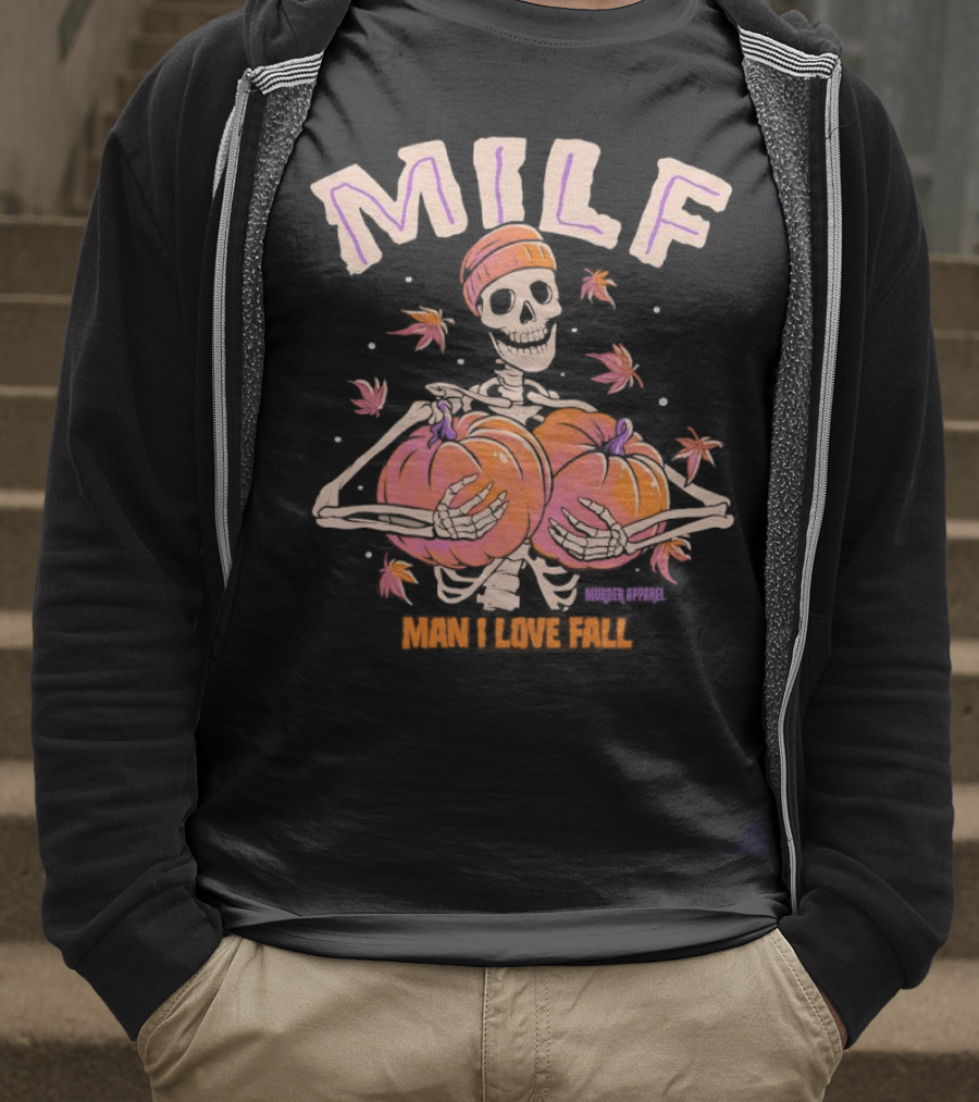 MILF Skeleton Man I Love Fall Pumpkins Leaves Vintage Halloween T-Shirt