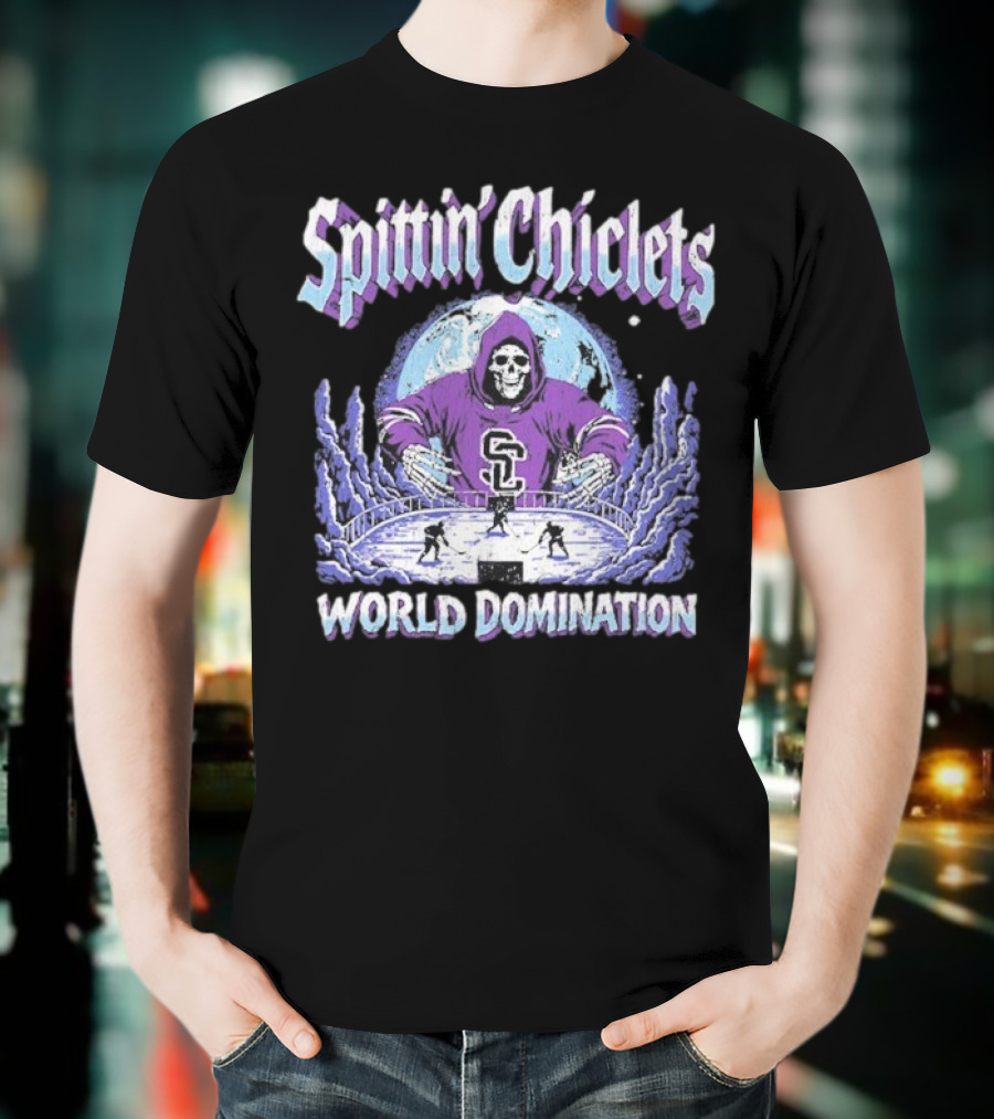 Spittin Chiclets Grim Reaper Hockey World Domination Moon T-Shirt
