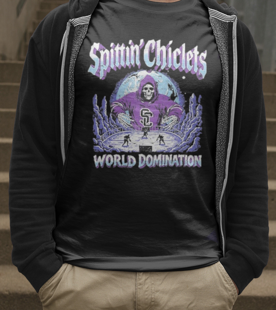 Spittin Chiclets Grim Reaper Hockey World Domination Moon T-Shirt