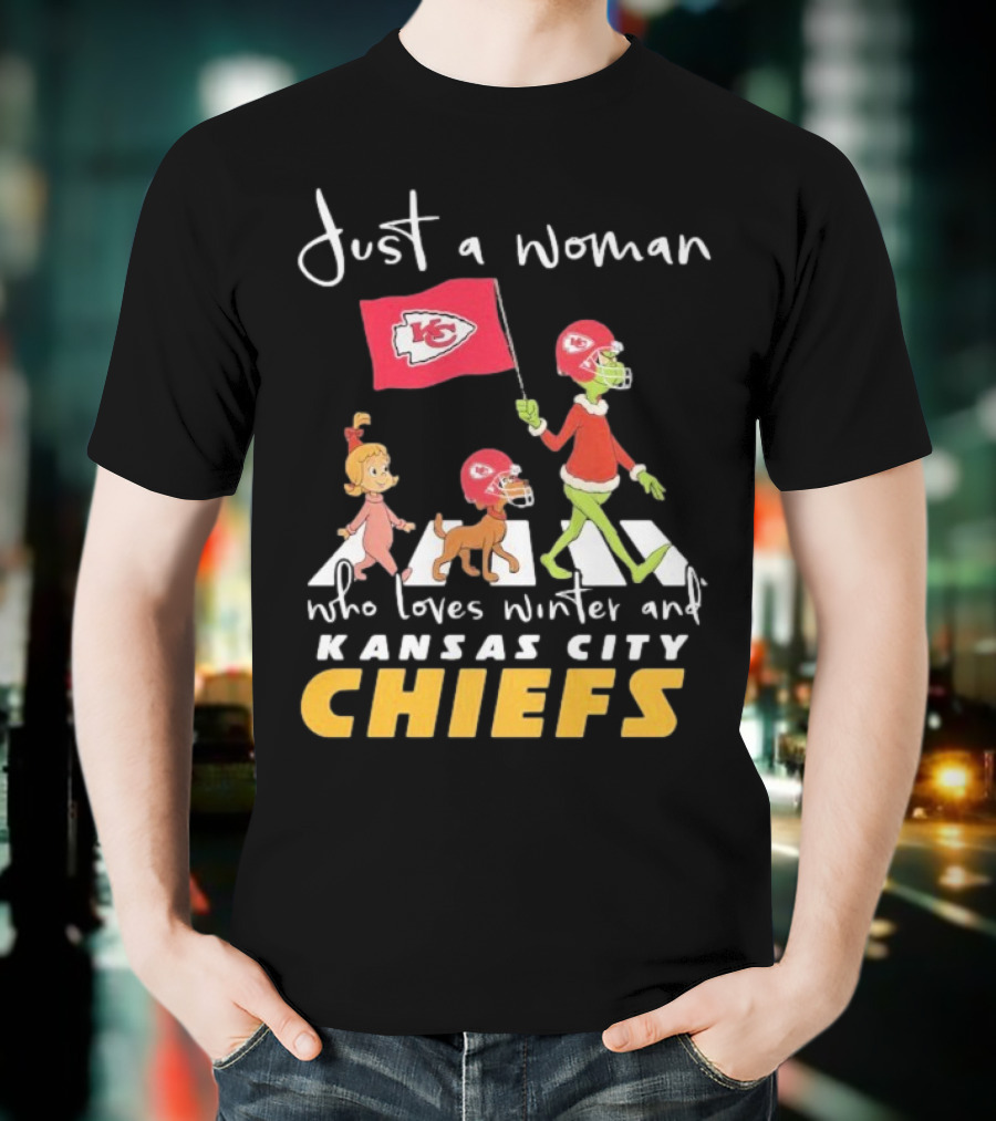 Just A Woman Who Loves Winter And Kansas City Chiefs Abbey Road T-Shirt