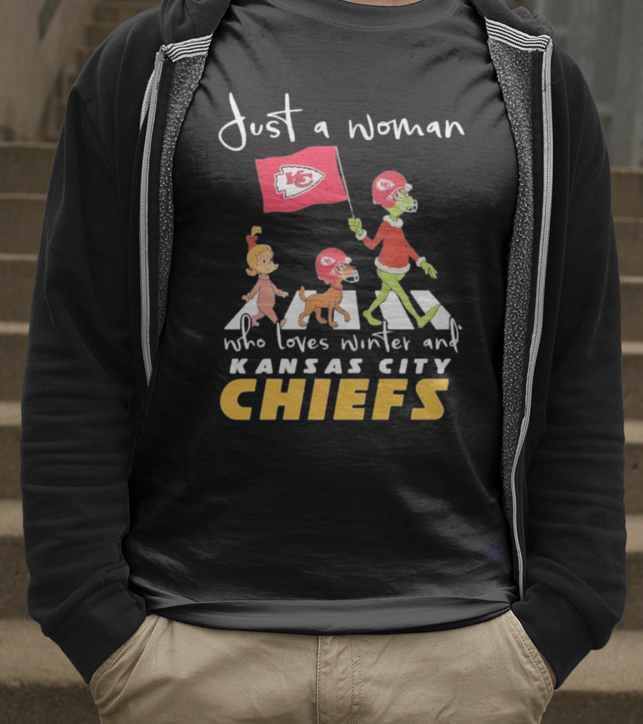 Just A Woman Who Loves Winter And Kansas City Chiefs Abbey Road T-Shirt