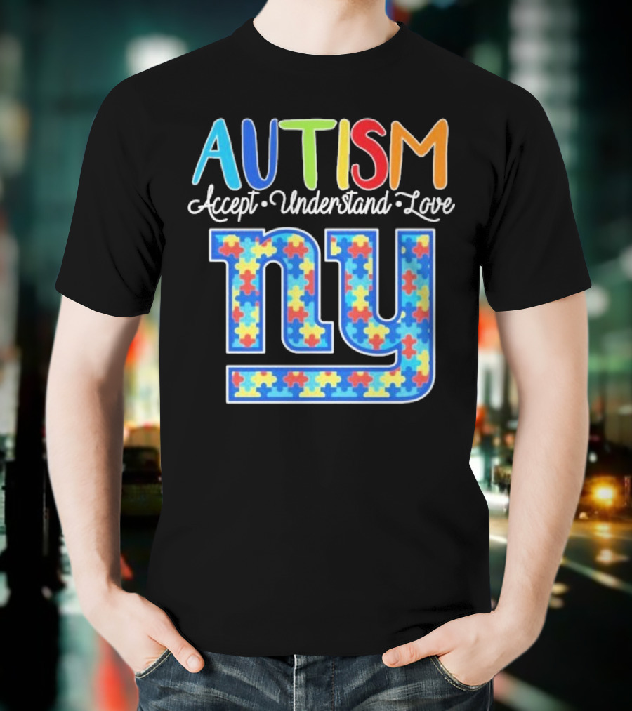 Autism Accept Understand Love NY Giants Puzzle Piece Pattern T-Shirt
