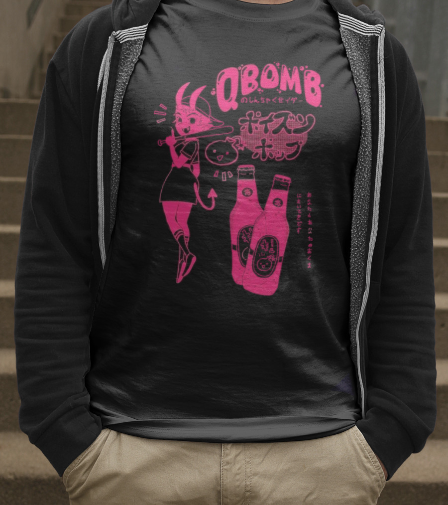 Qbomb Poison Pop Anime Demon Girl Japanese Text Retro Soda Bottles T-Shirt