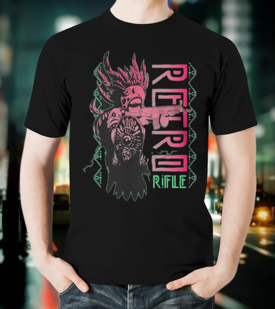 Retro Rifle Aztec Warrior Art Green Pink Feather Pattern T-Shirt